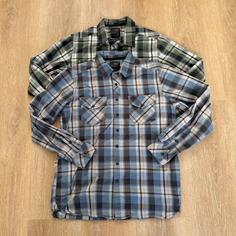 5.11 Tactical Plaid Snap Button Shirt Men Medium Blue Green Lot of 2 Long Sleeve - Picture 2 of 11